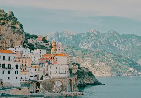 Panoramic view of the Amalfi Coast with villages overlooking the sea